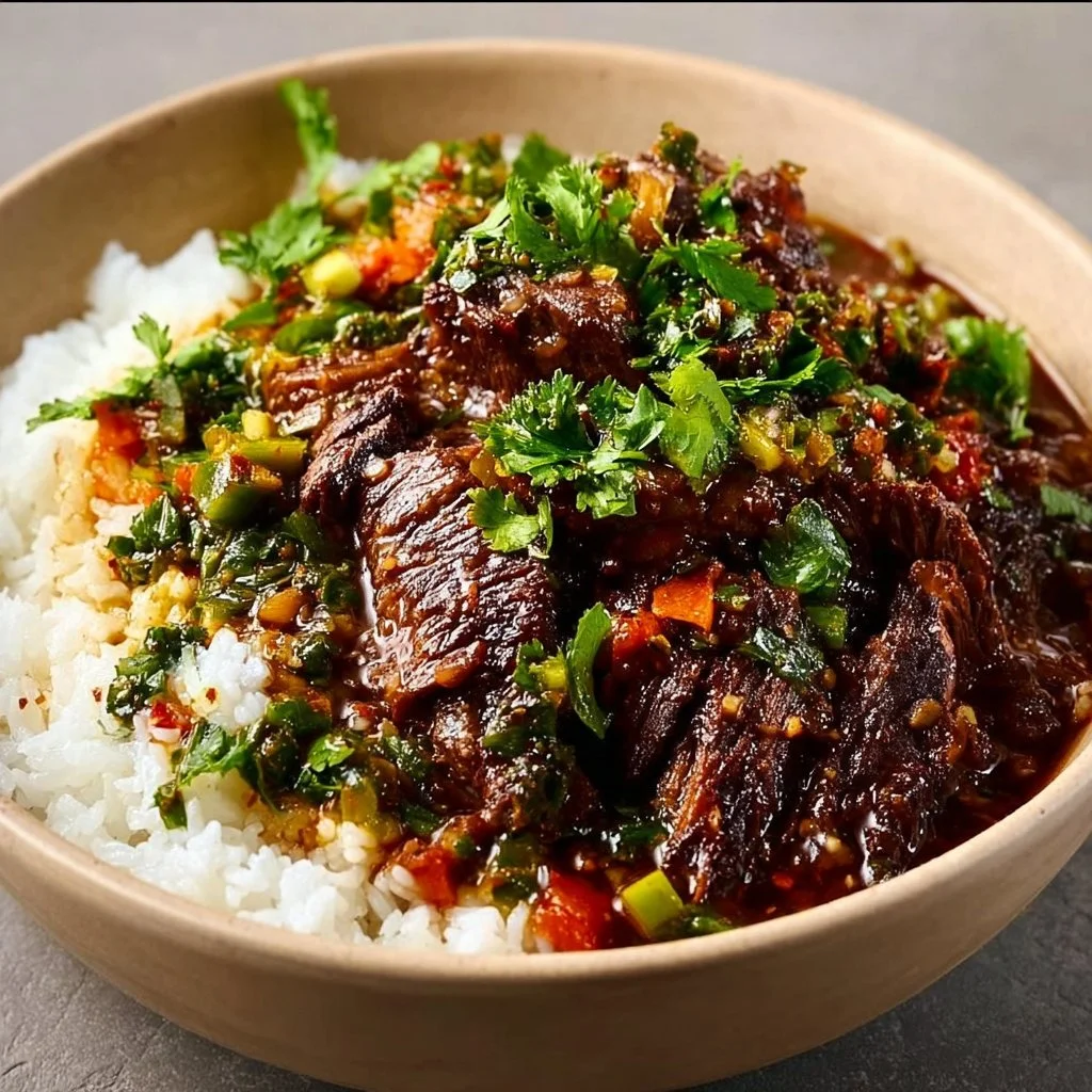 Delicious Korean style pot roast garnished with vegetables and spices.