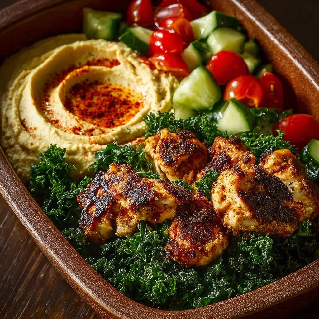 Lemon Chili Grilled Chicken Bowl with Cucumber Salad and Hummus