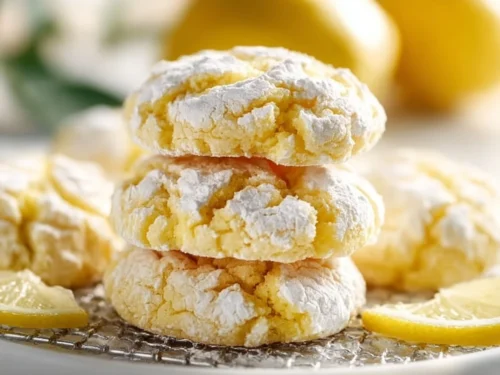 Freshly baked Lemon Crinkle Cookies dusted with powdered sugar