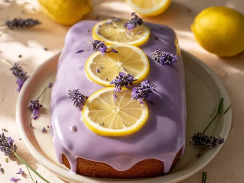 Slices of lemon lavender cake adorned with fresh lavender flowers.