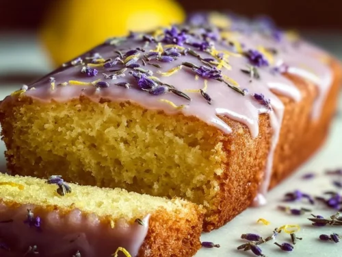 Slice of lemon lavender cake topped with lemon zest and lavender sprigs.
