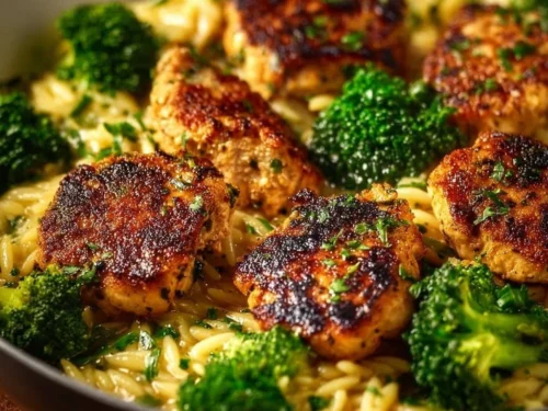 Lemon Pepper Chicken served with broccoli and orzo pasta on a plate