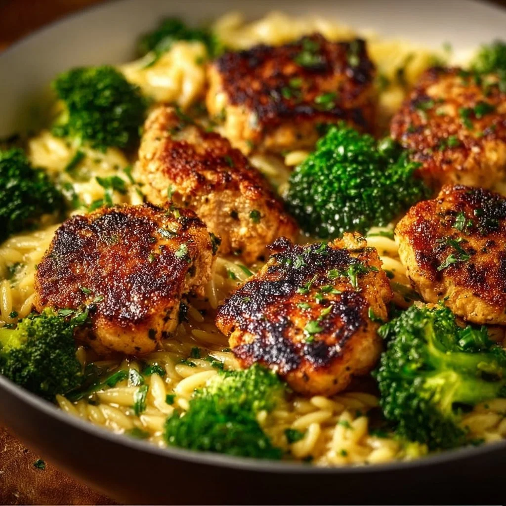 Lemon Pepper Chicken served with broccoli and orzo pasta on a plate