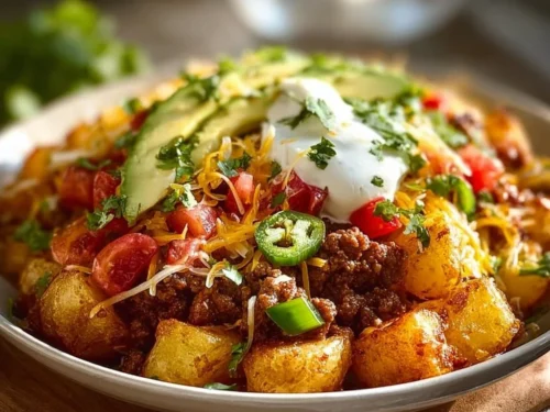 Loaded Potato Taco Bowl filled with toppings, perfect for a high-protein dinner