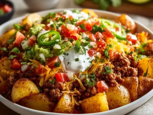 Loaded potato taco bowl full of fresh toppings and flavors for a healthy meal