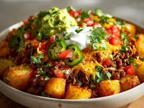 Loaded Potato Taco Bowl served in a colorful dish with fresh toppings