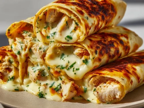 Low carb cheesy garlic chicken wraps on a platter, healthy dinner option.