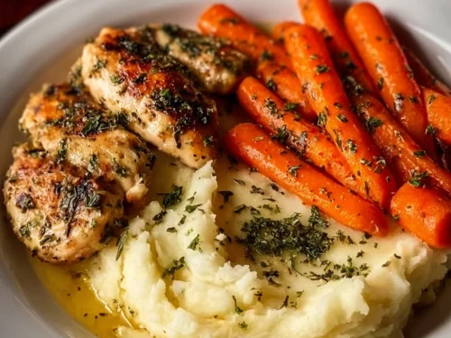 Delicious Garlic Herb Chicken served with mashed potatoes and glazed carrots.