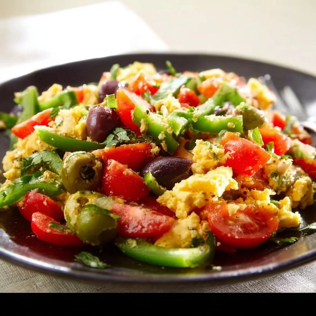 Colorful Mediterranean breakfast bowl with fresh vegetables and grains