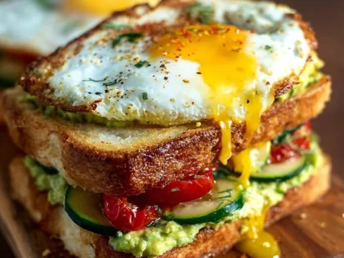 Mediterranean breakfast sandwich with fresh vegetables and toasted bread