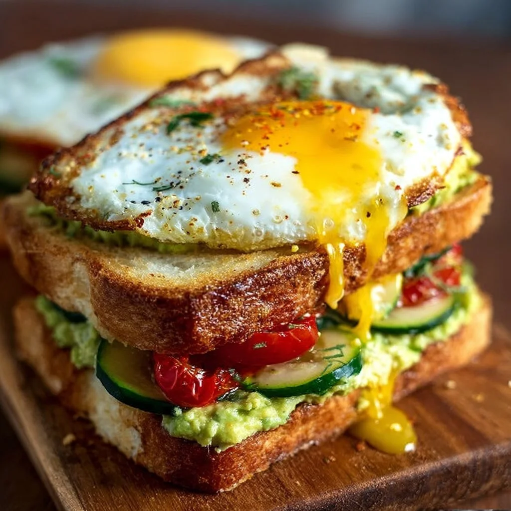 Mediterranean breakfast sandwich with fresh vegetables and toasted bread