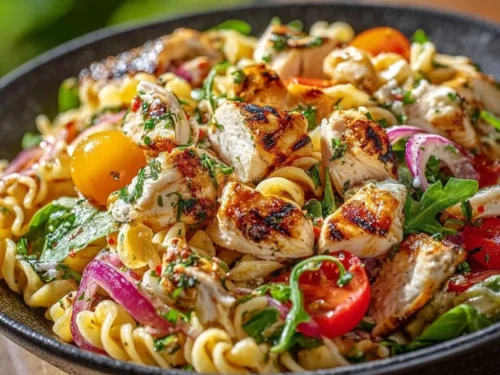 Delicious Mediterranean Chicken Pasta Salad with colorful vegetables and herbs