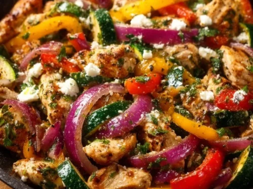 Mediterranean Chicken Stir Fry served in a colorful bowl with fresh vegetables.
