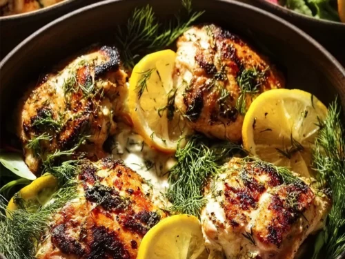 Mediterranean Lemon-Dill Chicken Bowls with fresh vegetables and herbs