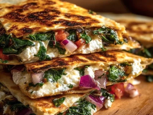 Mediterranean Quesadillas with spinach, feta, mozzarella, and red onion on a plate