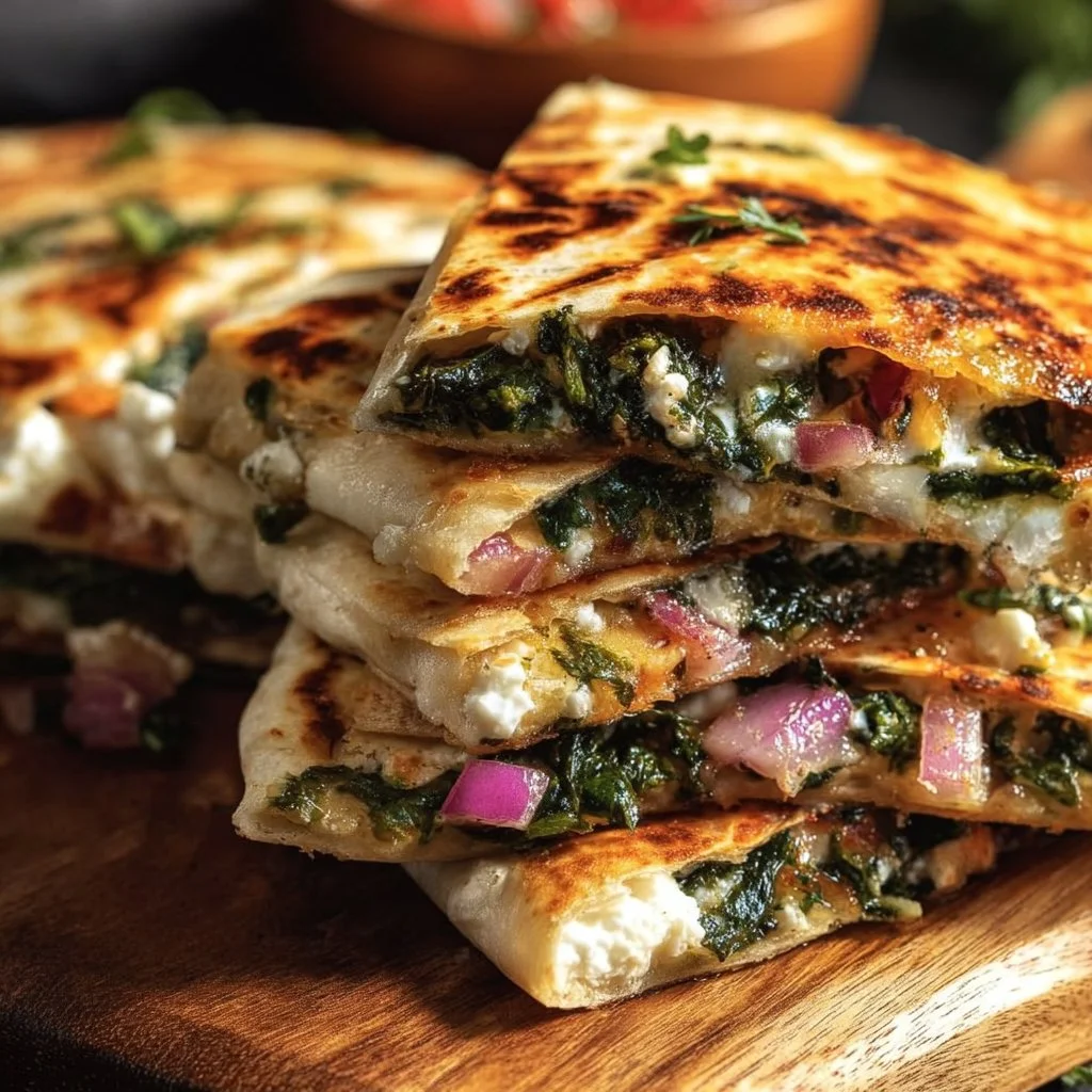 Mediterranean Quesadillas with Spinach, Feta, Mozzarella, and Red Onion