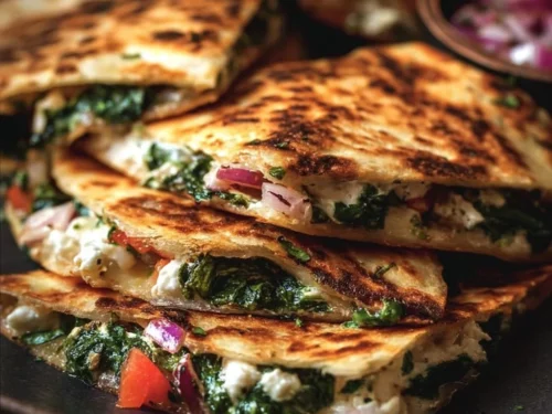 Mediterranean Quesadillas filled with spinach, feta, mozzarella, and red onion