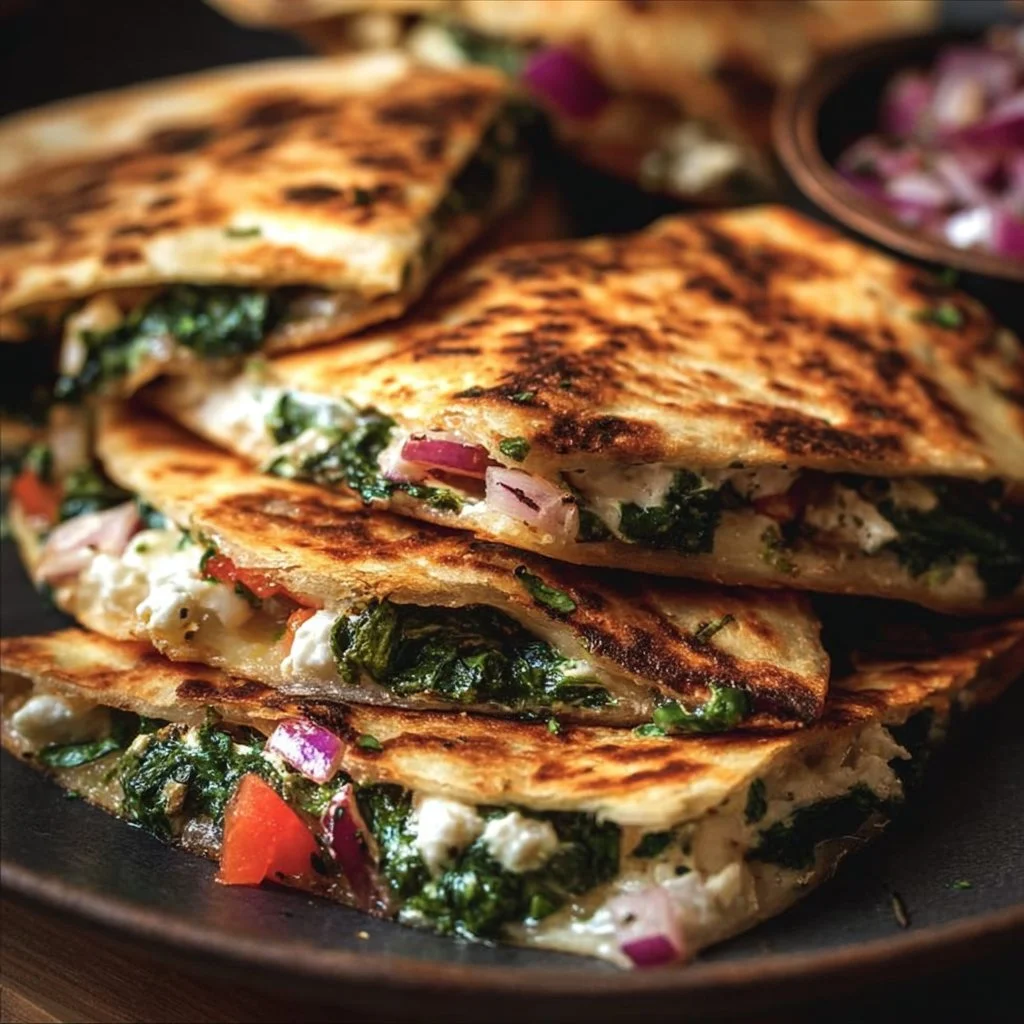 Mediterranean Quesadillas filled with spinach, feta, mozzarella, and red onion