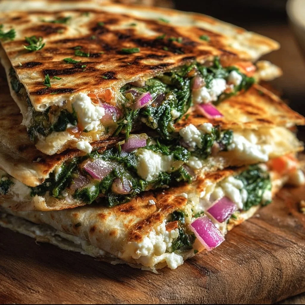 Mediterranean Quesadillas with Spinach, Feta, Mozzarella, and Red Onion