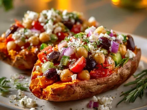 Mediterranean stuffed sweet potatoes topped with herbs and veggies