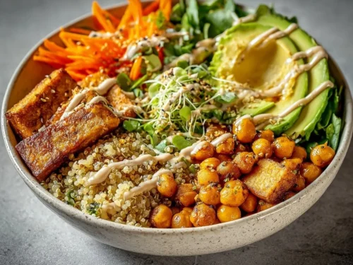 Miso glazed sweet potato bowl topped with fresh vegetables and sesame seeds