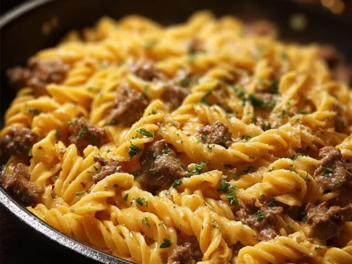 Creamy beef pasta in a bowl with garlic butter sauce