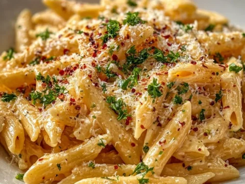 One pot creamy garlic pasta in a bowl with garlic and herbs