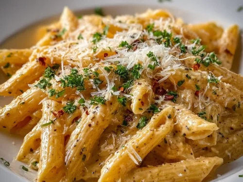 Bowl of creamy garlic pasta topped with herbs and parmesan cheese