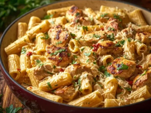 One Pot Creamy Parmesan Chicken Pasta dish served in a bowl