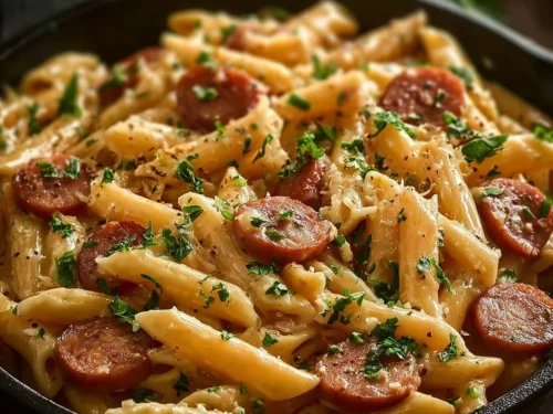 One Pot Kielbasa Pasta with savory sausage served in a bowl.