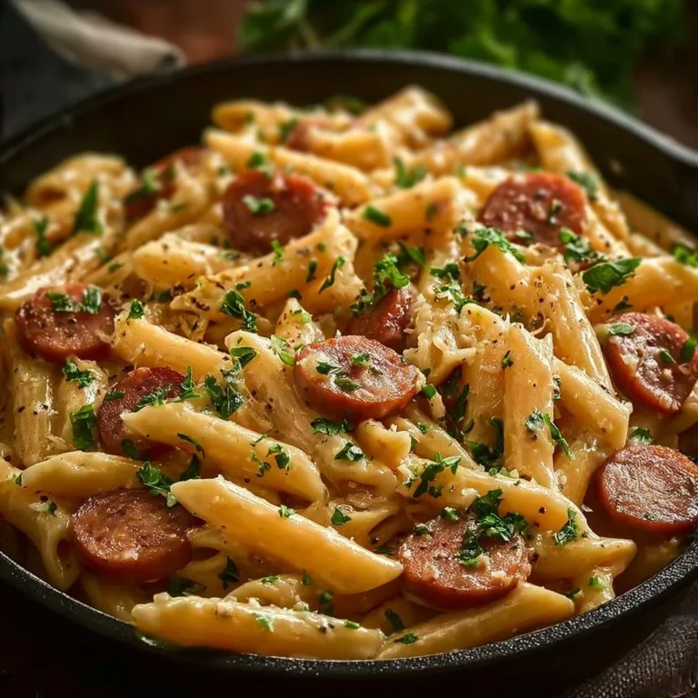 One Pot Kielbasa Pasta with savory sausage served in a bowl.