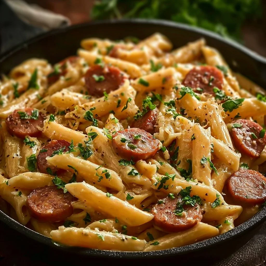 One Pot Kielbasa Pasta with savory sausage served in a bowl.