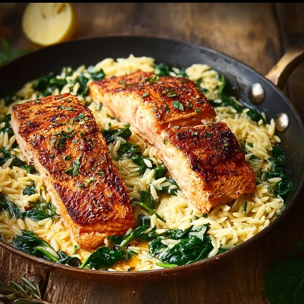 One skillet salmon served with lemon orzo on a plate