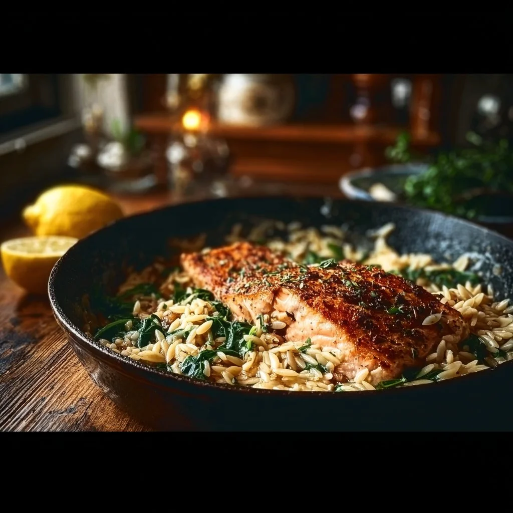 One Skillet Salmon with Lemon Orzo