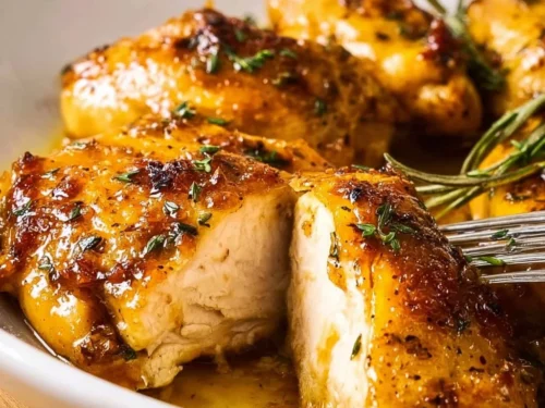 Oven baked chicken breast served with herbs and spices on a white plate