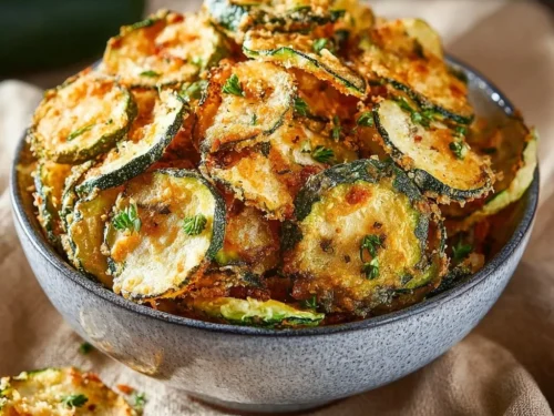Oven-baked zucchini chips on a plate with herbs and spices