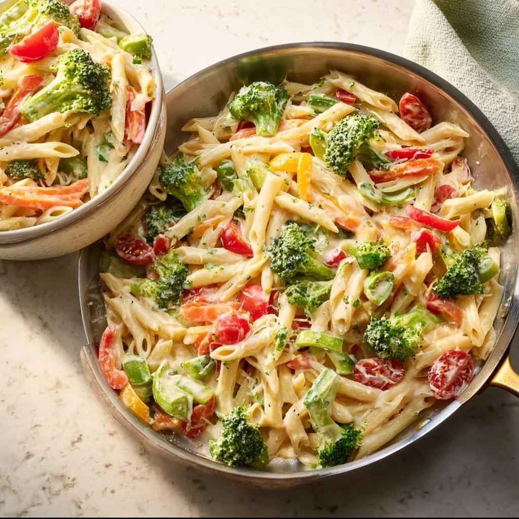 Colorful Pasta Primavera with fresh vegetables and herbs in a bowl