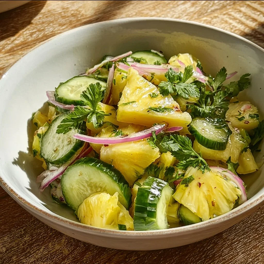 Fresh Pineapple Cucumber Salad with colorful vegetables in a bowl