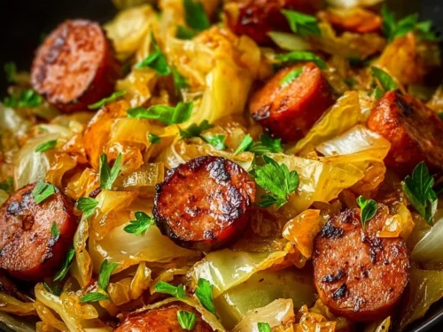 Quick cabbage and sausage stir fry in a skillet with colorful vegetables