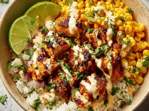 Savory street corn chicken bowl with fresh ingredients for a quick dinner