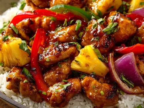 Delicious Hawaiian chicken sheet pan dinner with vibrant vegetables