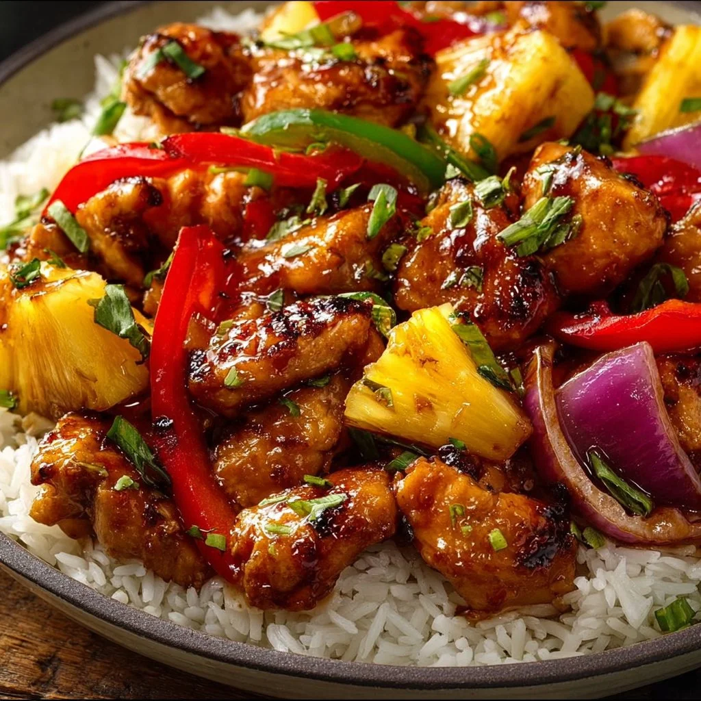 Delicious Hawaiian chicken sheet pan dinner with vibrant vegetables
