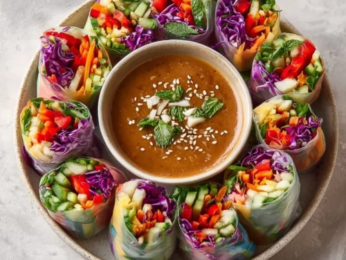 Colorful rainbow veggie rice paper rolls filled with fresh vegetables and herbs.
