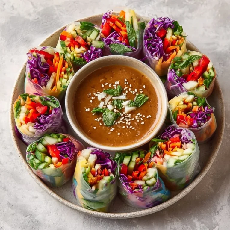 Colorful rainbow veggie rice paper rolls filled with fresh vegetables and herbs.