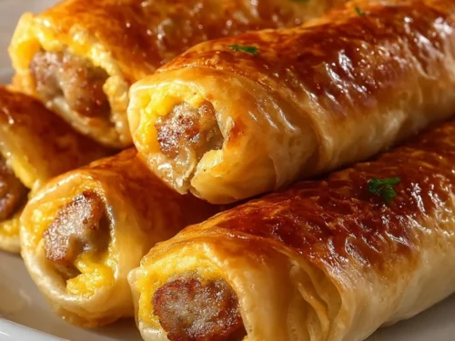 Sausage egg breakfast roll-ups served on a plate for a quick morning meal.
