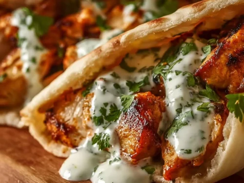 Sheet Pan Chicken Pitas topped with Herby Ranch dressing on a wooden table.