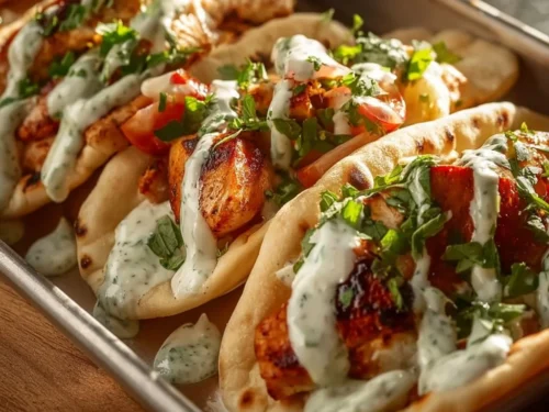 Sheet Pan Chicken Pitas served with Herby Ranch dressing on a rustic table.