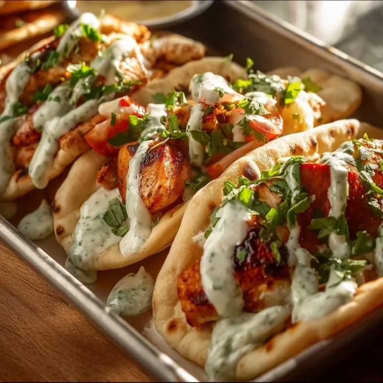 Sheet Pan Chicken Pitas served with Herby Ranch dressing on a rustic table.