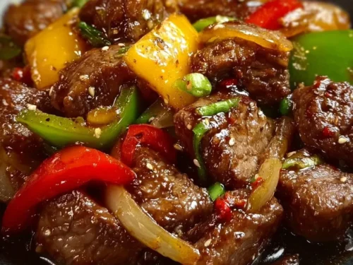 Delicious Chinese pepper steak with onions served on a plate