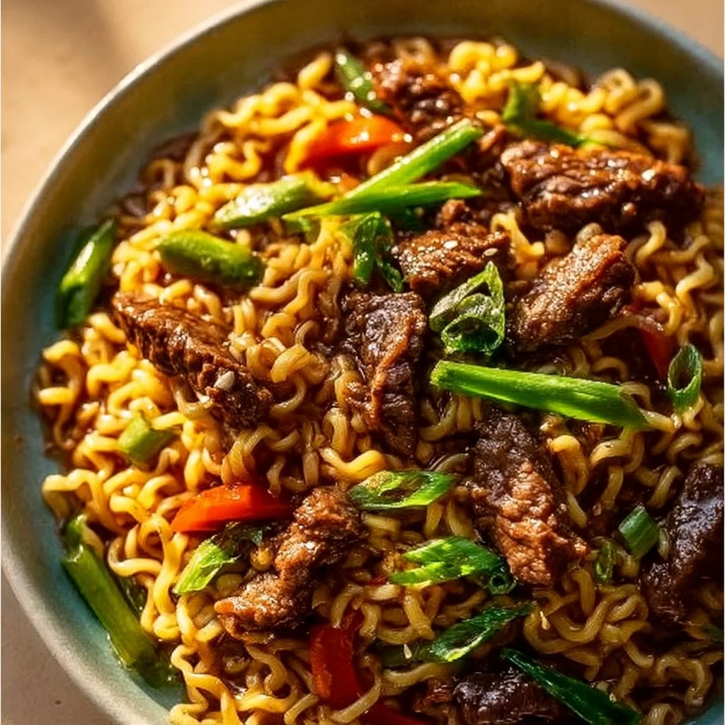 Delicious slow cooker beef ramen noodles served in a bowl